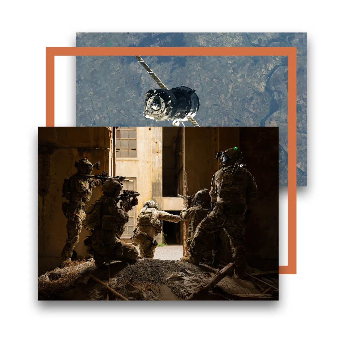Composite intelligence image combining military special forces operators conducting a building clearance operation with a reconnaissance satellite in orbit above Earth, representing decision ready intelligence delivered at the speed of mission-critical operations. Geospatial Intelligence and Imagery Intelligence gathered from satellite platforms combined with ground-based operational intelligence delivers decision ready intelligence for government and defense agencies executing complex operational missions.